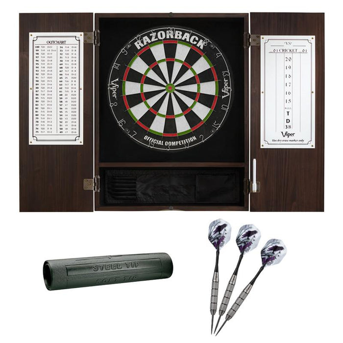 Viper | Espresso Metropolitan Steel Tip Cabinet | Razorback Sisal Dartboard | Underground Raven Steel Tip Darts 25 Grams | Laser Throw Line | Vinyl Dart Mat