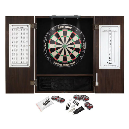 Viper | Espresso Metropolitan Steel Tip Cabinet | Shot King Bristle Dartboard | Shadow Buster Dartboard Lights, and Fat Cat Steel Tip Accessory Value Pack