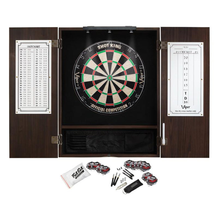 Viper | Espresso Metropolitan Steel Tip Cabinet | Shot King Bristle Dartboard | Shadow Buster Dartboard Lights, and Fat Cat Steel Tip Accessory Value Pack