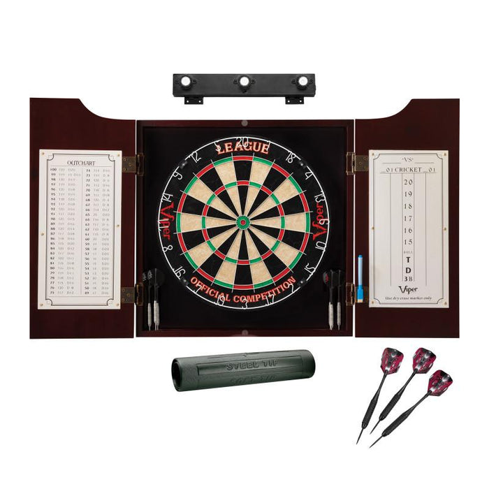 Viper | League Sisal Dartboard | Hudson Mahogany Cabinet | Padded Dart Mat | The Bull Starts Here | Shadow Buster Dartboard Lights & Laser Throw Line Marker