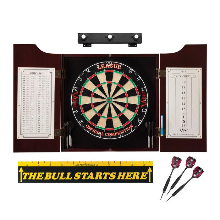 Viper | League Sisal Dartboard | Hudson Mahogany Cabinet | Padded Dart Mat | The Bull Starts Here | Shadow Buster Dartboard Lights & Laser Throw Line Marker
