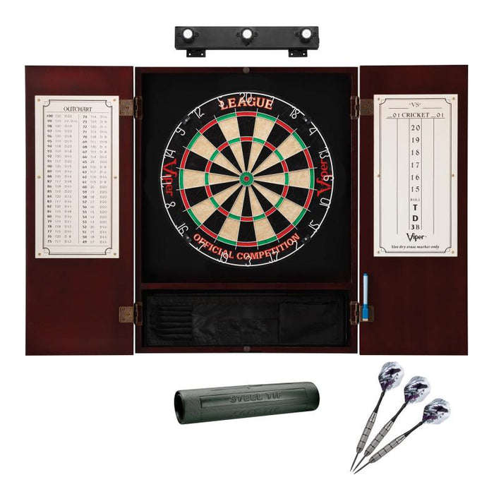 Viper | League Sisal Dartboard | Metropolitan Cinnamon Cabinet | Padded Dart Mat | The Bull Starts Here | Underground The Raven Steel Tip Darts | Shadow Buster Dartboard Lights & Laser Throw Line Marker