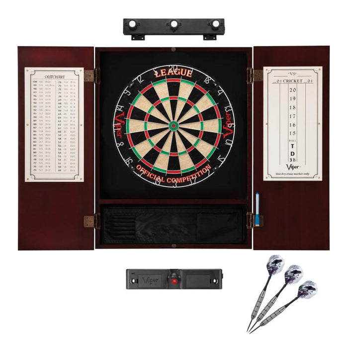Viper | League Sisal Dartboard | Metropolitan Cinnamon Cabinet | Padded Dart Mat | The Bull Starts Here | Underground The Raven Steel Tip Darts | Shadow Buster Dartboard Lights & Laser Throw Line Marker