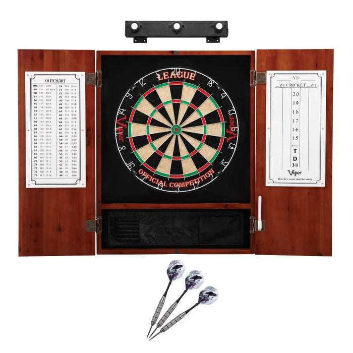 Viper | League Sisal Dartboard | Metropolitan Cinnamon Cabinet | Padded Dart Mat | The Bull Starts Here | Underground The Raven Steel Tip Darts | Shadow Buster Dartboard Lights & Laser Throw Line Marker