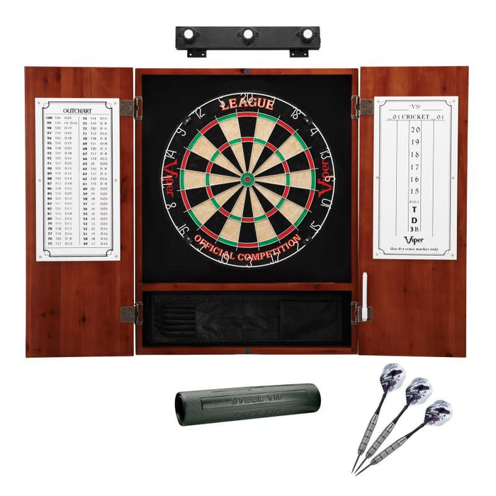 Viper | League Sisal Dartboard | Metropolitan Cinnamon Cabinet | Padded Dart Mat | The Bull Starts Here | Underground The Raven Steel Tip Darts | Shadow Buster Dartboard Lights & Laser Throw Line Marker