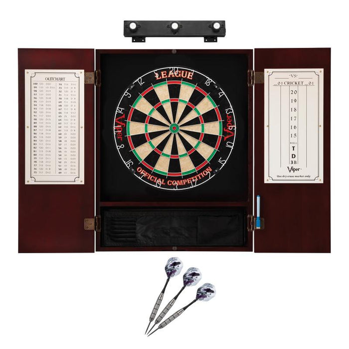 Viper | League Sisal Dartboard | Metropolitan Cinnamon Cabinet | Padded Dart Mat | The Bull Starts Here | Underground The Raven Steel Tip Darts | Shadow Buster Dartboard Lights & Laser Throw Line Marker