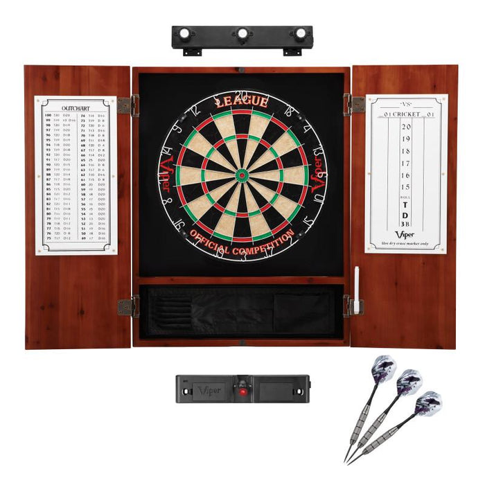 Viper | League Sisal Dartboard | Metropolitan Cinnamon Cabinet | Padded Dart Mat | The Bull Starts Here | Underground The Raven Steel Tip Darts | Shadow Buster Dartboard Lights & Laser Throw Line Marker