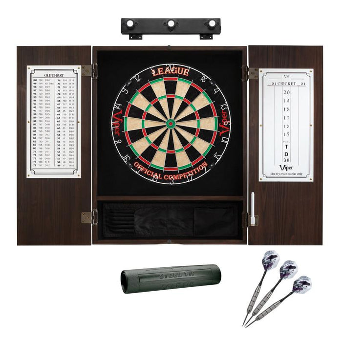 Viper | League Sisal Dartboard | Metropolitan Espresso Cabinet | Shadow Buster Dartboard Lights | Laser Throw Line Marker | Padded Dart Mat | The Bull Starts Here | Underground The Raven Steel Tip Darts