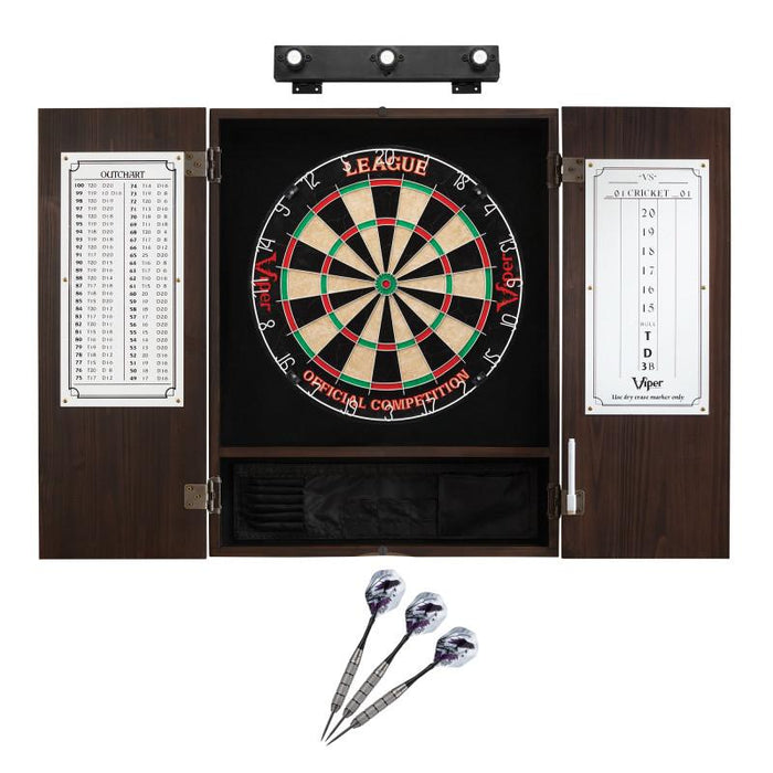 Viper | League Sisal Dartboard | Metropolitan Espresso Cabinet | Shadow Buster Dartboard Lights | Laser Throw Line Marker | Padded Dart Mat | The Bull Starts Here | Underground The Raven Steel Tip Darts