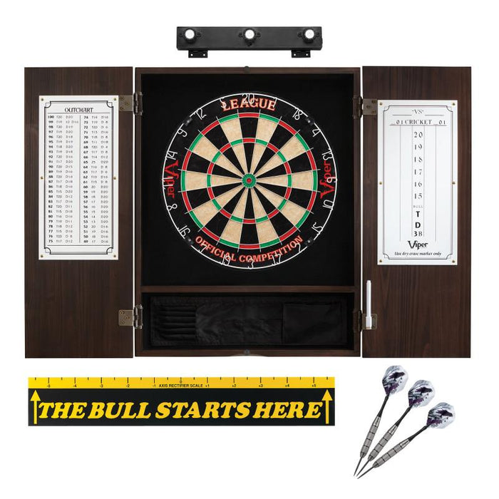 Viper | League Sisal Dartboard | Metropolitan Espresso Cabinet | Shadow Buster Dartboard Lights | Laser Throw Line Marker | Padded Dart Mat | The Bull Starts Here | Underground The Raven Steel Tip Darts