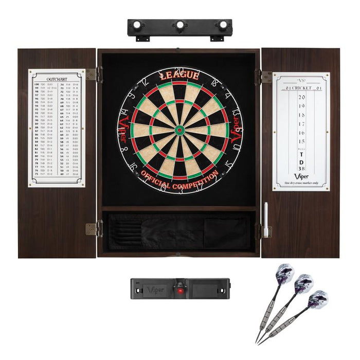 Viper | League Sisal Dartboard | Metropolitan Espresso Cabinet | Shadow Buster Dartboard Lights | Laser Throw Line Marker | Padded Dart Mat | The Bull Starts Here | Underground The Raven Steel Tip Darts