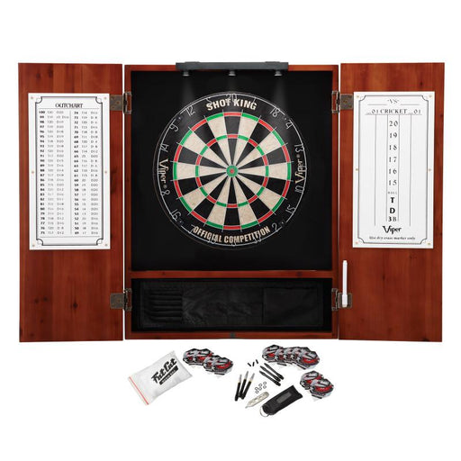 Viper | Metropolitan Cinnamon Steel Tip Dartboard Cabinet | Shot King Bristle Dartboard | Shadow Buster Dartboard Lights, and Fat Cat Steel Tip Accessory Value Pack