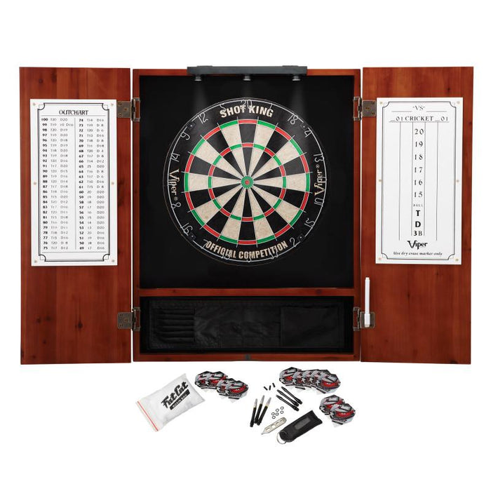 Viper | Metropolitan Cinnamon Steel Tip Dartboard Cabinet | Shot King Bristle Dartboard | Shadow Buster Dartboard Lights, and Fat Cat Steel Tip Accessory Value Pack