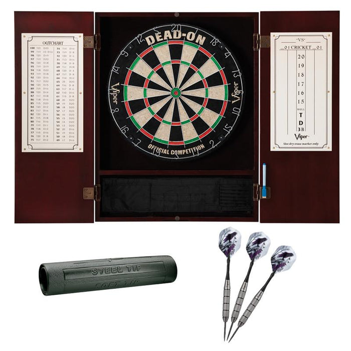 Viper | Metropolitan Mahogany Steel Tip Dartboard Cabinet | Dead - On Bristle Dartboard | Underground Raven Steel Tip Darts 25 Grams | Padded Dart Mat | Vinyl Dart Mat