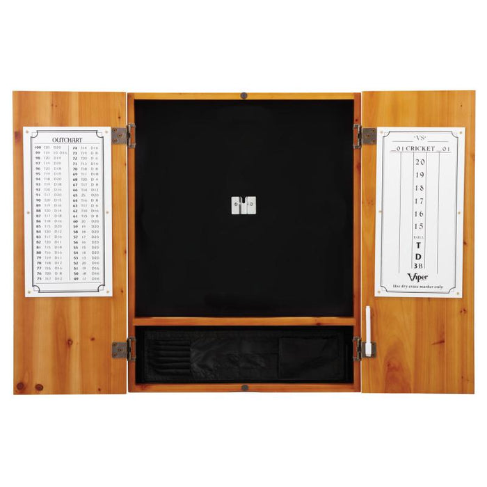Viper | Metropolitan Oak Steel Tip Dartboard Cabinet | Razorback Sisal Dartboard | Underground Raven Steel Tip Darts 25 Grams | Vinyl Dart Mat