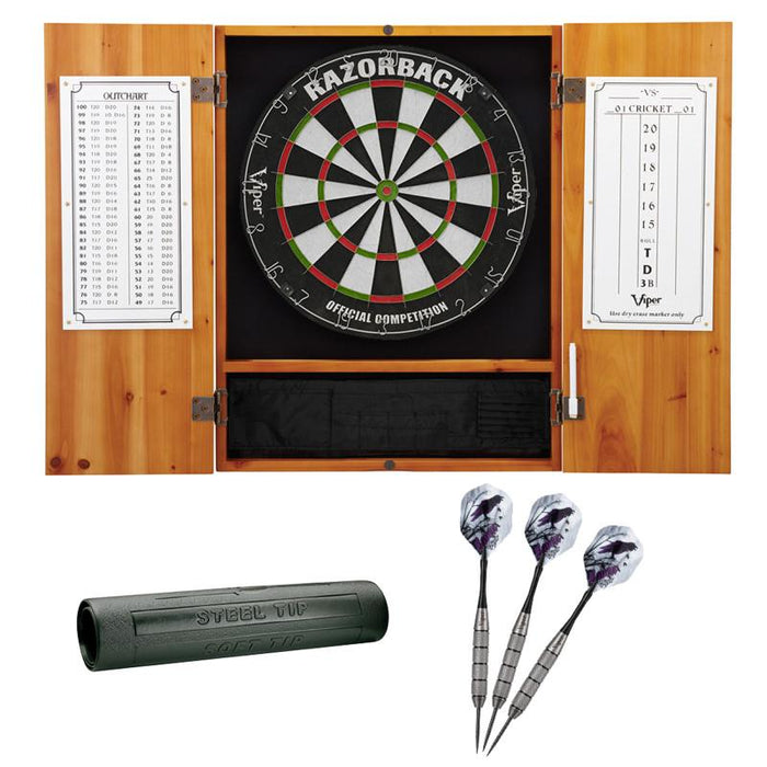 Viper | Metropolitan Oak Steel Tip Dartboard Cabinet | Razorback Sisal Dartboard | Underground Raven Steel Tip Darts 25 Grams | Vinyl Dart Mat
