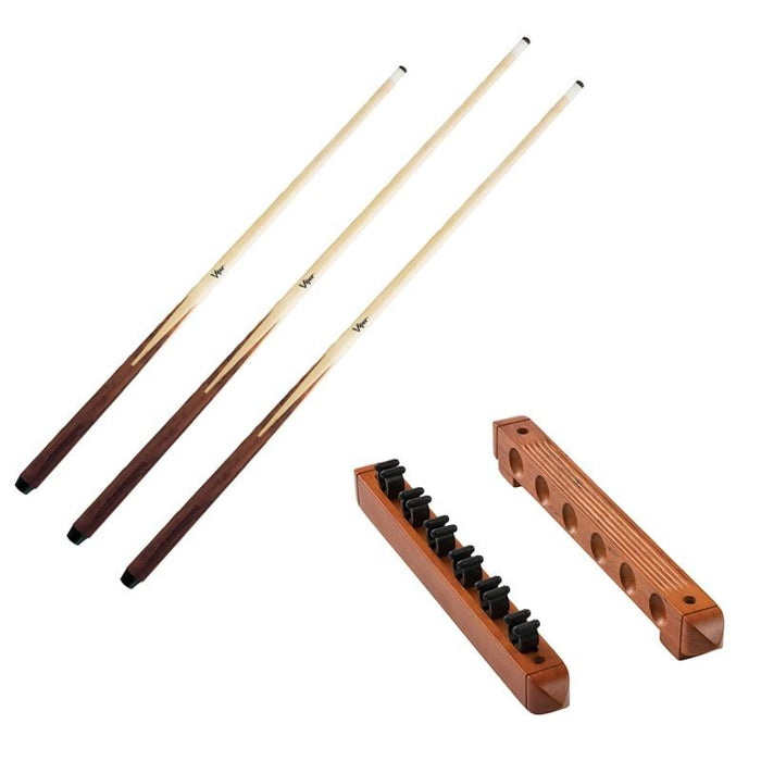 Viper One Piece 36" Maple Bar Cue 14 Ounce, Viper One Piece 57" Maple Bar Cue 19 Ounce, Viper One Piece 57" Maple Bar Cue 20 Ounce, and Fat Cat Oak 6 Cue 2 - Piece Wall Cue Rack