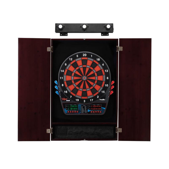 Viper | Orion Electronic Dartboard | Metropolitan Mahogany Cabinet | Laser Throw Line Marker | Padded Dart MAt | The Bull Starts Here | Shadow Buster Dartboard Lights
