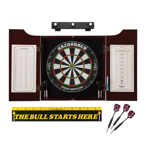 Viper Razorback Sisal Dartboard, Hudson Cabinet, Throw Line Marker, Black Mariah Steel Tip Darts & Shadow Buster Dartboard Light Bundle