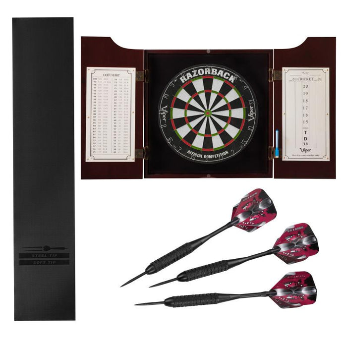 Viper | Razorback Sisal Dartboard | Hudson Mahogany Cabinet | Padded Mat & Black Mariah Steel Tip Darts