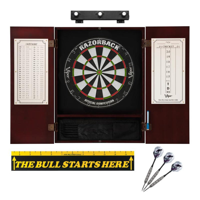 Viper | Razorback Sisal Dartboard | Metropolitan Cinnamon Cabinet | Padded Dart Mat | The Bull Starts Here | Underground The Raven Steel Tip Darts | Shadow Buster Dartboard Lights & Laser Throw Line Marker