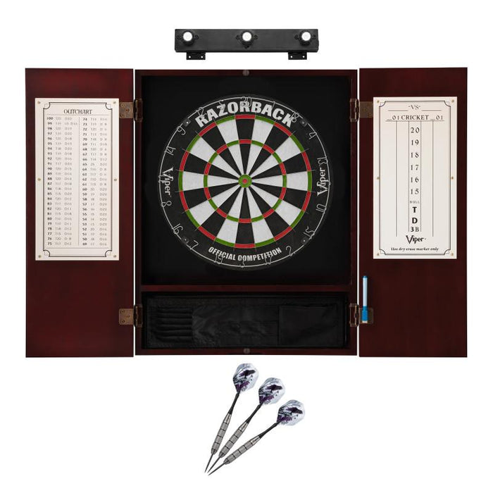 Viper | Razorback Sisal Dartboard | Metropolitan Cinnamon Cabinet | Padded Dart Mat | The Bull Starts Here | Underground The Raven Steel Tip Darts | Shadow Buster Dartboard Lights & Laser Throw Line Marker