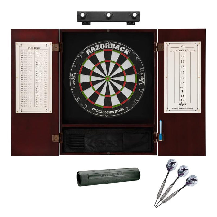 Viper | Razorback Sisal Dartboard | Metropolitan Cinnamon Cabinet | Padded Dart Mat | The Bull Starts Here | Underground The Raven Steel Tip Darts | Shadow Buster Dartboard Lights & Laser Throw Line Marker