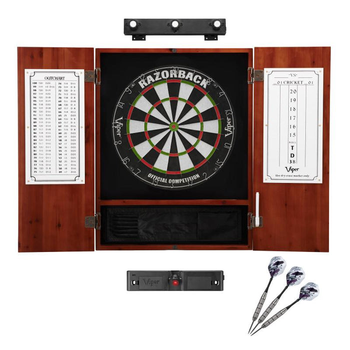 Viper | Razorback Sisal Dartboard | Metropolitan Cinnamon Cabinet | The Bull Starts Here | Padded Mat & Underground Raven Steel Tip Darts | Shadow Buster Dartboard Lights & Laser Throw Line Marker