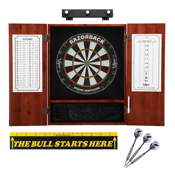 Viper | Razorback Sisal Dartboard | Metropolitan Cinnamon Cabinet | The Bull Starts Here | Padded Mat & Underground Raven Steel Tip Darts | Shadow Buster Dartboard Lights & Laser Throw Line Marker
