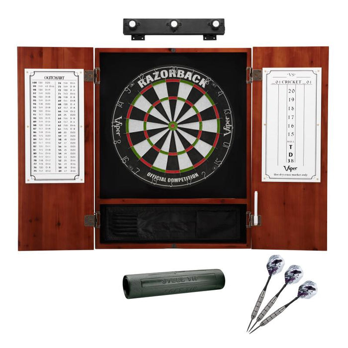 Viper | Razorback Sisal Dartboard | Metropolitan Cinnamon Cabinet | The Bull Starts Here | Padded Mat & Underground Raven Steel Tip Darts | Shadow Buster Dartboard Lights & Laser Throw Line Marker