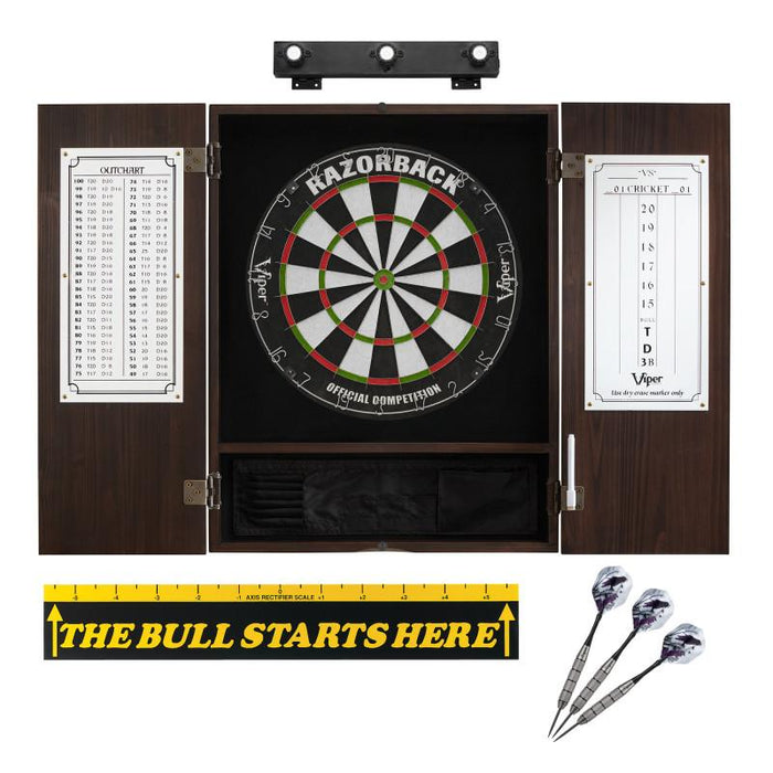 Viper | Razorback Sisal Dartboard | Metropolitan Espresso Cabinet | Shadow Buster Dartboard Lights | Laser Throw Line Marker | Padded Dart Mat | The Bull Starts Here | Underground The Raven Steel Tip Darts