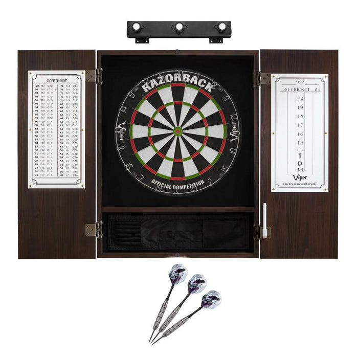 Viper | Razorback Sisal Dartboard | Metropolitan Espresso Cabinet | Shadow Buster Dartboard Lights | Laser Throw Line Marker | Padded Dart Mat | The Bull Starts Here | Underground The Raven Steel Tip Darts