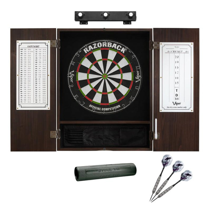 Viper | Razorback Sisal Dartboard | Metropolitan Espresso Cabinet | Shadow Buster Dartboard Lights | Laser Throw Line Marker | Padded Dart Mat | The Bull Starts Here | Underground The Raven Steel Tip Darts