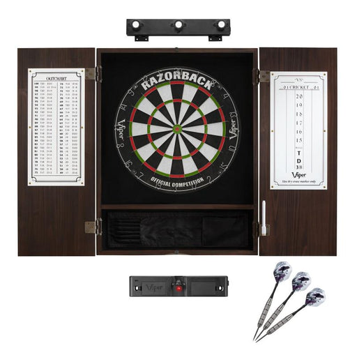 Viper | Razorback Sisal Dartboard | Metropolitan Espresso Cabinet | Shadow Buster Dartboard Lights | Laser Throw Line Marker | Padded Dart Mat | The Bull Starts Here | Underground The Raven Steel Tip Darts