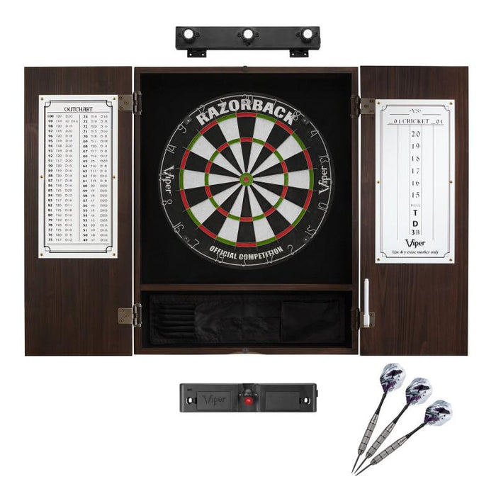 Viper | Razorback Sisal Dartboard | Metropolitan Espresso Cabinet | Shadow Buster Dartboard Lights | Laser Throw Line Marker | Padded Dart Mat | The Bull Starts Here | Underground The Raven Steel Tip Darts