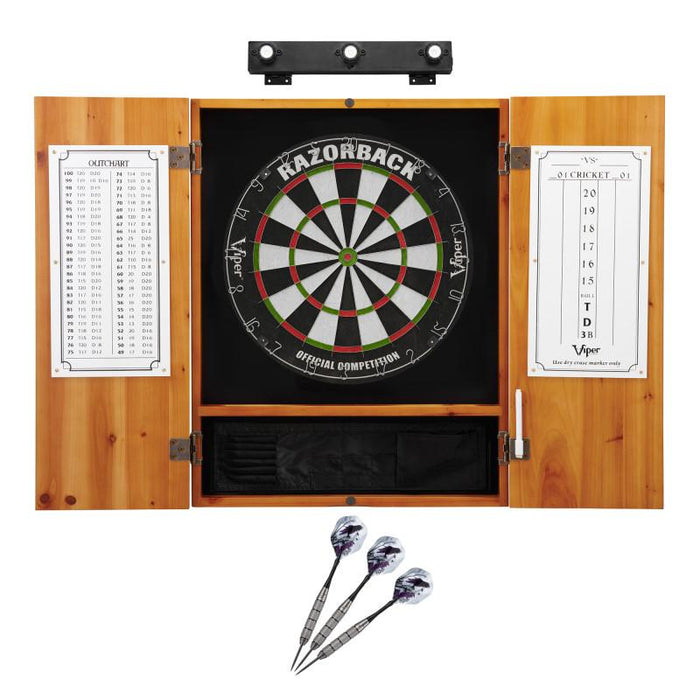 Viper | Razorback Sisal Dartboard | Metropolitan Oak Cabinet | Padded Dart Mat | The Bull Starts Here | Underground The Raven Steel Tip Darts | Shadow Buster Dartboard Lights & Laser Throw Line Marker