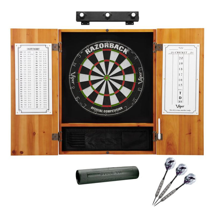 Viper | Razorback Sisal Dartboard | Metropolitan Oak Cabinet | Padded Dart Mat | The Bull Starts Here | Underground The Raven Steel Tip Darts | Shadow Buster Dartboard Lights & Laser Throw Line Marker