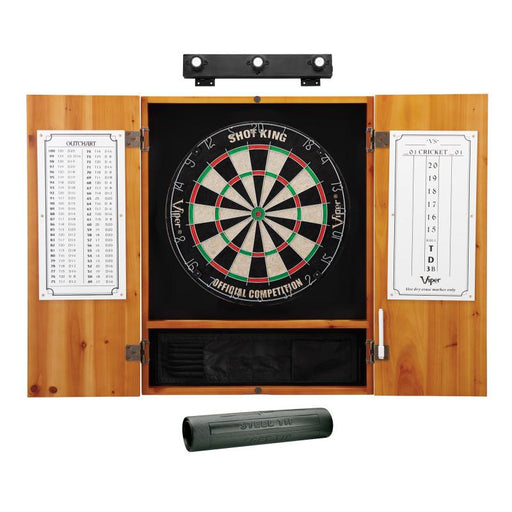 Viper | Shot King Sisal Dartboard | Metropolitan Cinnamon Cabinet | Padded Dart Mat | The Bull Starts Here | Shadow Buster Dartboard Lights & Laser Throw Line Marker