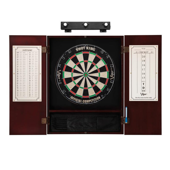 Viper | Shot King Sisal Dartboard | Metropolitan Cinnamon Cabinet | Padded Dart Mat | The Bull Starts Here | Shadow Buster Dartboard Lights & Laser Throw Line Marker