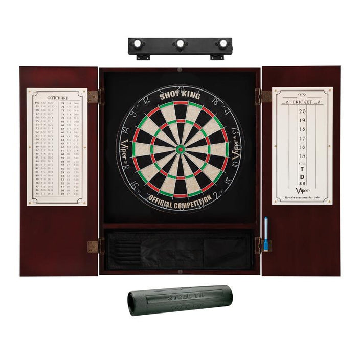 Viper | Shot King Sisal Dartboard | Metropolitan Cinnamon Cabinet | Padded Dart Mat | The Bull Starts Here | Shadow Buster Dartboard Lights & Laser Throw Line Marker