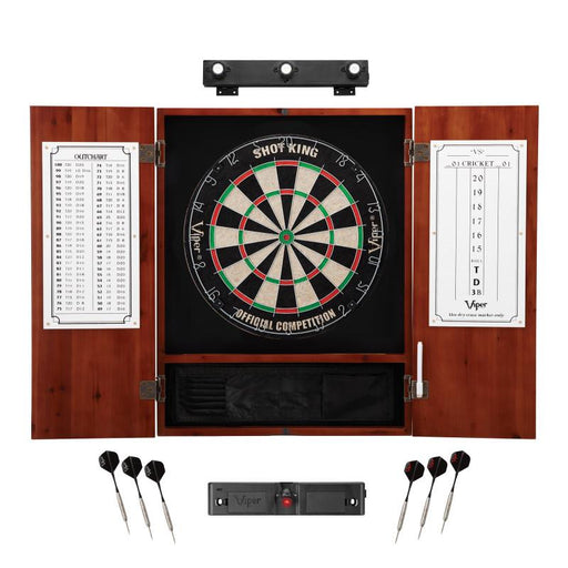 Viper | Shot King Sisal Dartboard | Metropolitan Cinnamon Cabinet | Padded Dart Mat | The Bull Starts Here | Shadow Buster Dartboard Lights & Laser Throw Line Marker