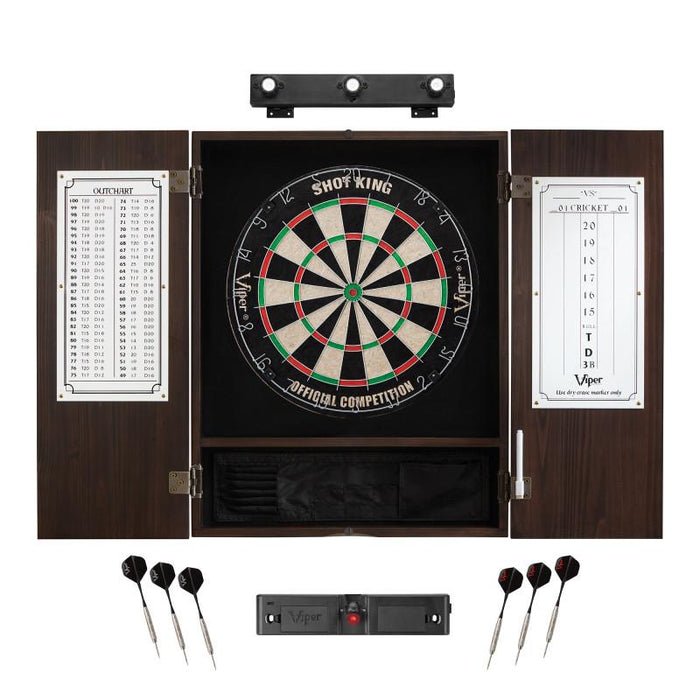 Viper | Shot King Sisal Dartboard | Metropolitan Cinnamon Cabinet | Padded Dart Mat | The Bull Starts Here | Shadow Buster Dartboard Lights & Laser Throw Line Marker