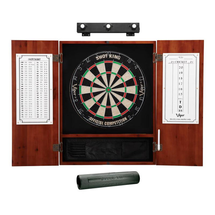 Viper | Shot King Sisal Dartboard | Metropolitan Cinnamon Cabinet | Padded Dart Mat | The Bull Starts Here | Shadow Buster Dartboard Lights & Laser Throw Line Marker