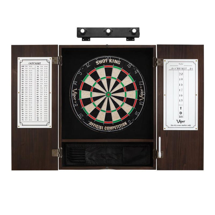 Viper | Shot King Sisal Dartboard | Metropolitan Espresso Cabinet | Padded Dart Mat | The Bull Starts Here | Shadow Buster Dartboard Lights & Laser Throw Line Marker