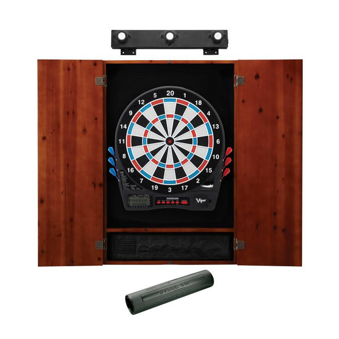 Viper | Showdown Electronic Dartboard | Metropolitan Cinnamon Cabinet | Padded Dart Mat | The Bull Starts Here | Shadow Buster Dartboard Lights & Laser Throw Line Marker