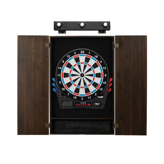 Viper | Showdown Electronic Dartboard | Metropolitan Espresso Cabinet | Padded Dart Mat | The Bull Starts Here | Shadow Buster Dartboard Lights & Laser Throw Line Marker