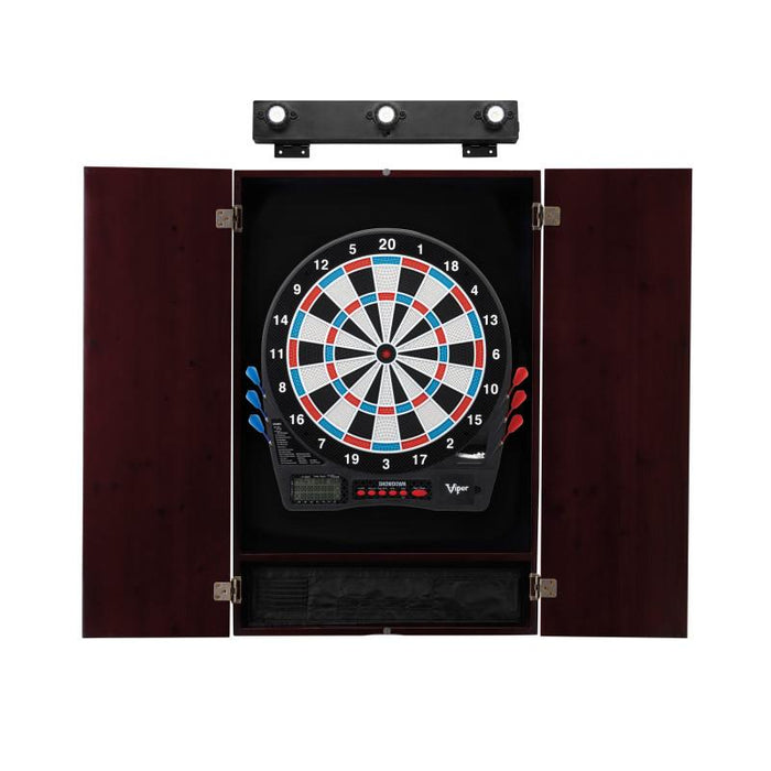 Viper | Showdown Electronic Dartboard | Metropolitan Mahogany Cabinet | Laser Throw Line Marker | Padded Dart MAt | The Bull Starts Here | Shadow Buster Dartboard Lights