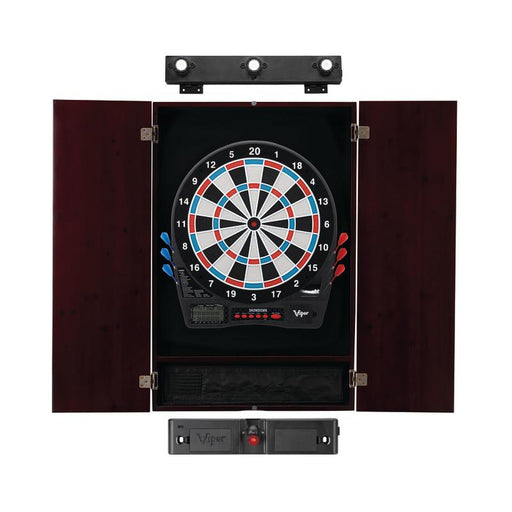 Viper | Showdown Electronic Dartboard | Metropolitan Mahogany Cabinet | Laser Throw Line Marker | Padded Dart MAt | The Bull Starts Here | Shadow Buster Dartboard Lights