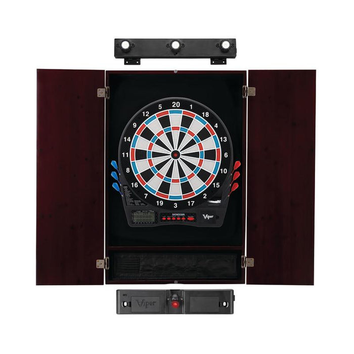 Viper | Showdown Electronic Dartboard | Metropolitan Mahogany Cabinet | Laser Throw Line Marker | Padded Dart MAt | The Bull Starts Here | Shadow Buster Dartboard Lights