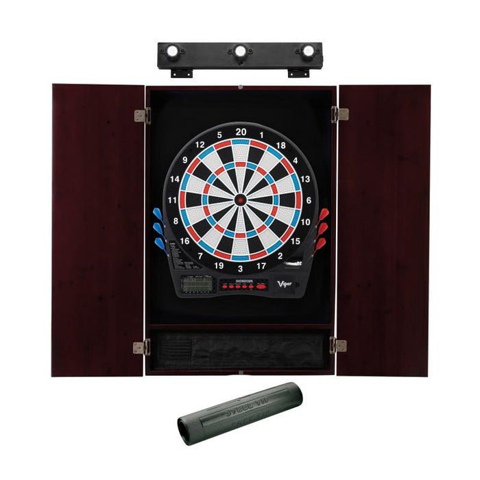 Viper | Showdown Electronic Dartboard | Metropolitan Mahogany Cabinet | Laser Throw Line Marker | Padded Dart MAt | The Bull Starts Here | Shadow Buster Dartboard Lights